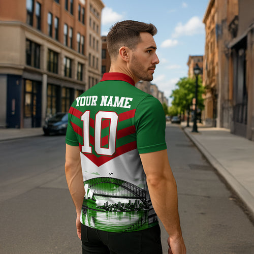 Personalized South Sydney Rabbitohs Rugby Zipper Polo Shirt Fierce Mascot And Sydney Skyline Graphic Art