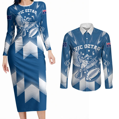 Personalized VIC Oztag Australia Bird Mascot Couples Matching Long Sleeve Bodycon Dress and Long Sleeve Button Shirt Australian Flag Southern Cross Halftone
