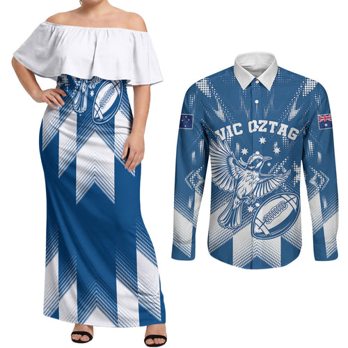 Personalized VIC Oztag Australia Bird Mascot Couples Matching Off Shoulder Maxi Dress and Long Sleeve Button Shirt Australian Flag Southern Cross Halftone