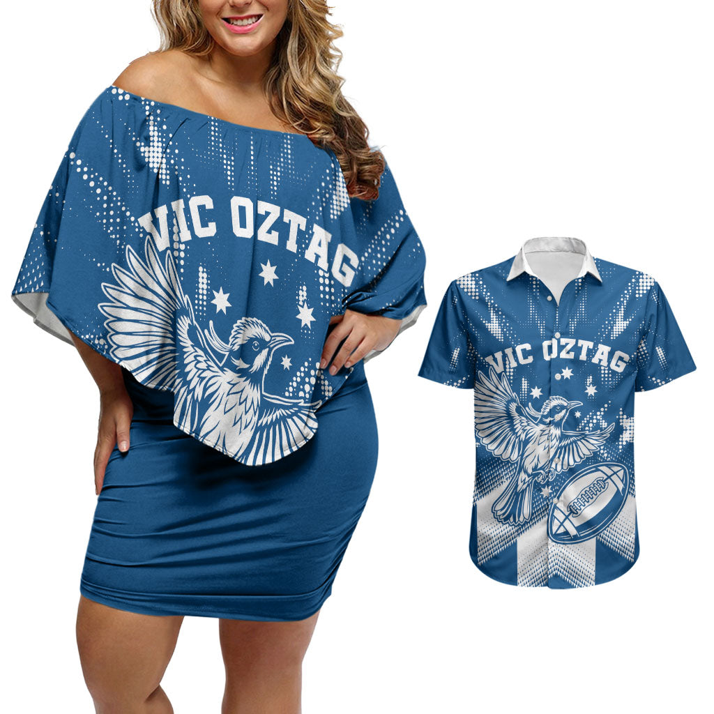 Personalized VIC Oztag Australia Bird Mascot Couples Matching Off Shoulder Short Dress and Hawaiian Shirt Australian Flag Southern Cross Halftone
