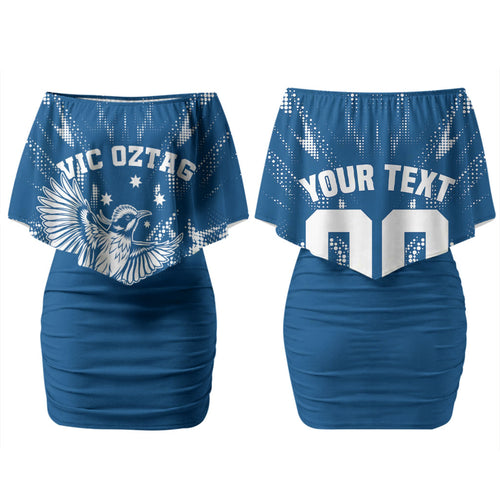 Personalized VIC Oztag Australia Bird Mascot Couples Matching Off Shoulder Short Dress and Hawaiian Shirt Australian Flag Southern Cross Halftone