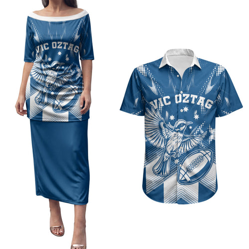 Personalized VIC Oztag Australia Bird Mascot Couples Matching Puletasi and Hawaiian Shirt Australian Flag Southern Cross Halftone
