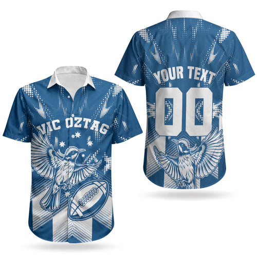 Personalized VIC Oztag Australia Bird Mascot Couples Matching Puletasi and Hawaiian Shirt Australian Flag Southern Cross Halftone