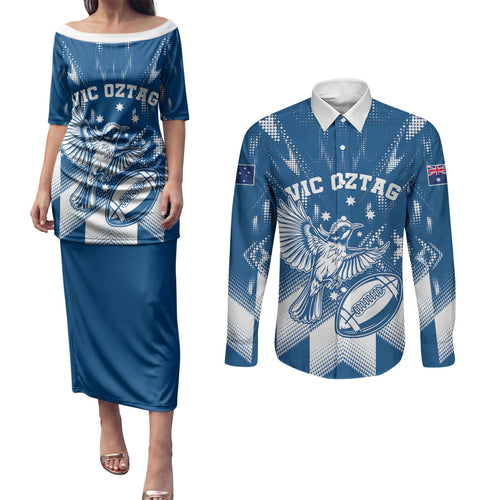 Personalized VIC Oztag Australia Bird Mascot Couples Matching Puletasi and Long Sleeve Button Shirt Australian Flag Southern Cross Halftone