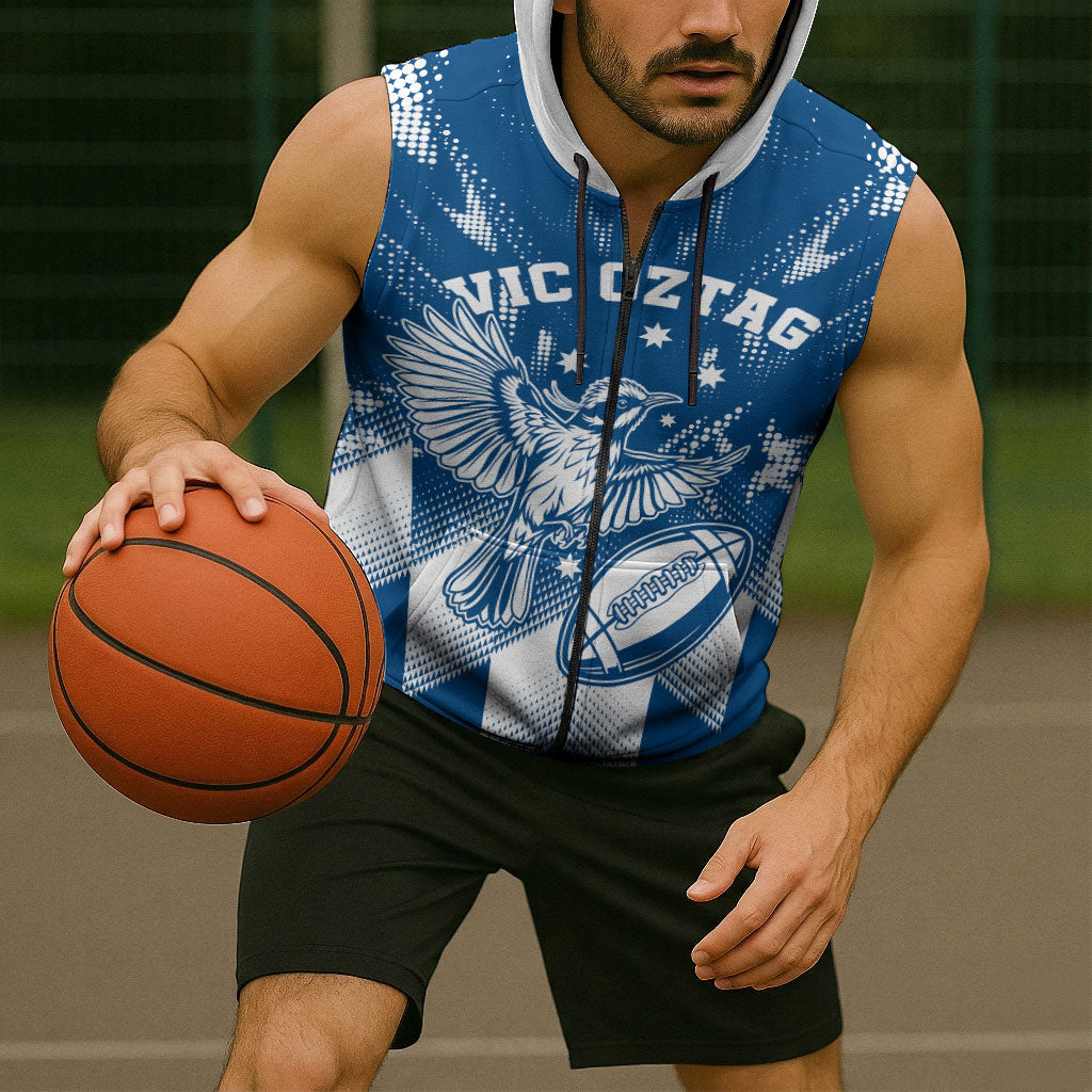 Personalized VIC Oztag Australia Bird Mascot Sleeveless Zip Hoodie Australian Flag Southern Cross Halftone