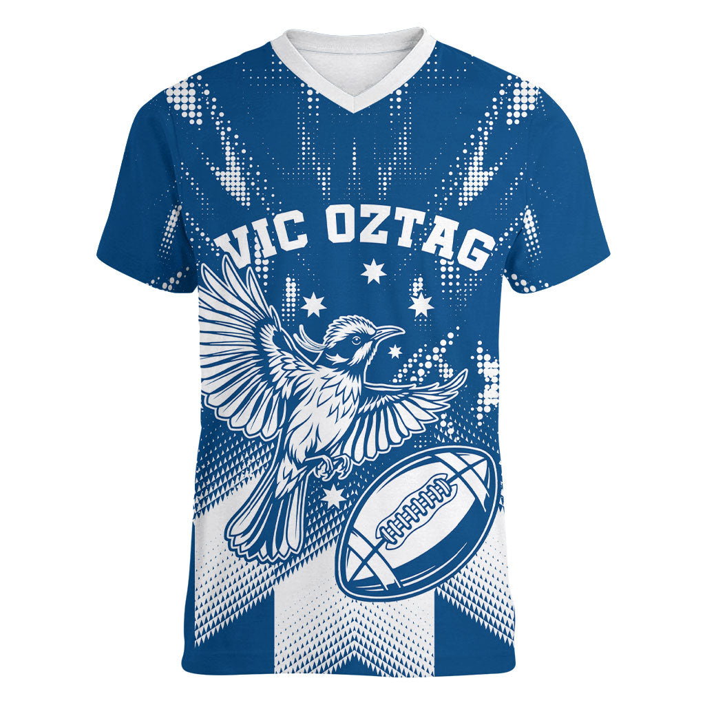 Personalized VIC Oztag Australia Bird Mascot Women V-Neck T-Shirt Australian Flag Southern Cross Halftone