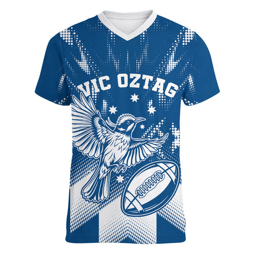 Personalized VIC Oztag Australia Bird Mascot Women V-Neck T-Shirt Australian Flag Southern Cross Halftone