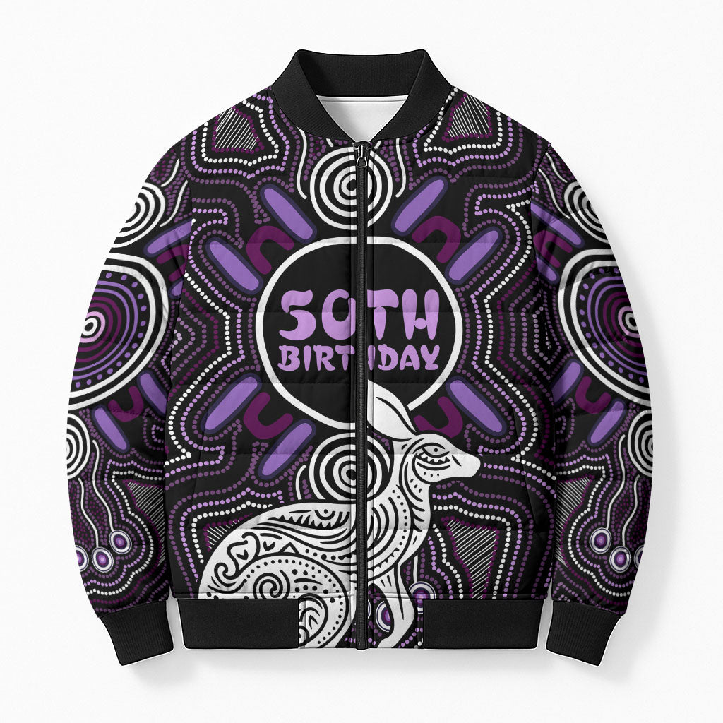 Personalised Aboriginal 50th Birthday Bomber Puffer Jacket Kangaroo Indigenous Dot Art Australian Culture