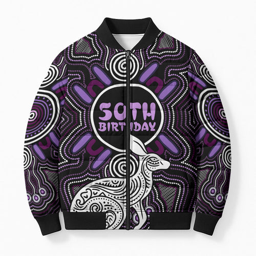 Personalised Aboriginal 50th Birthday Bomber Puffer Jacket Kangaroo Indigenous Dot Art Australian Culture