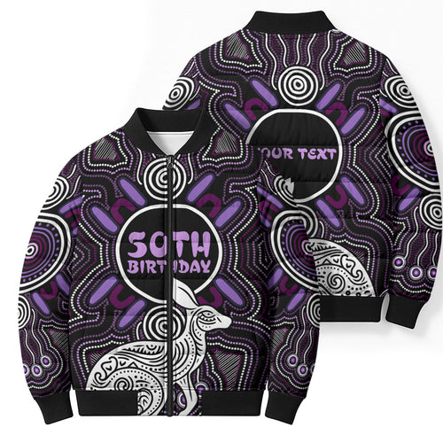 Personalised Aboriginal 50th Birthday Bomber Puffer Jacket Kangaroo Indigenous Dot Art Australian Culture