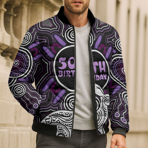Personalised Aboriginal 50th Birthday Bomber Puffer Jacket Kangaroo Indigenous Dot Art Australian Culture