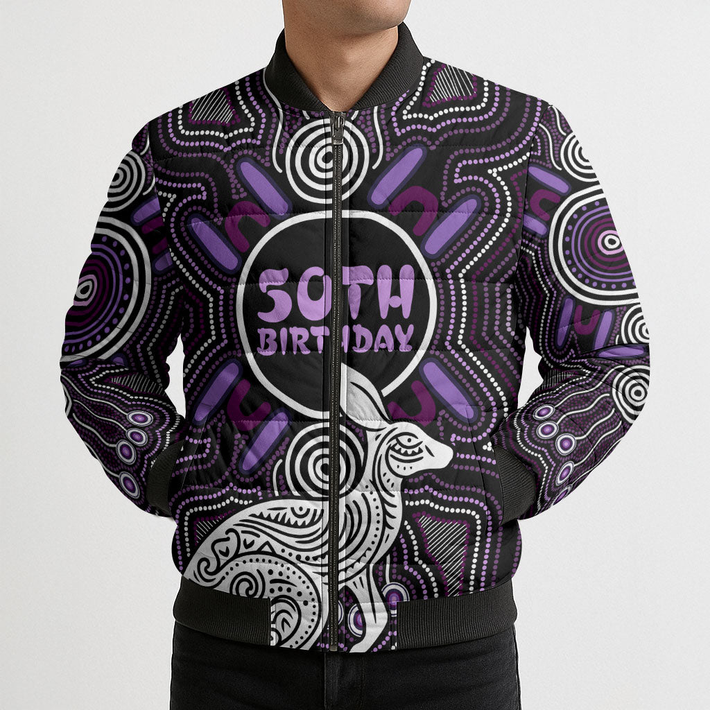 Personalised Aboriginal 50th Birthday Bomber Puffer Jacket Kangaroo Indigenous Dot Art Australian Culture