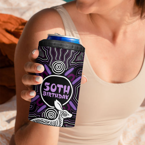 Personalised Aboriginal 50th Birthday 4 in 1 Can Cooler Tumbler Kangaroo Indigenous Dot Art Australian Culture