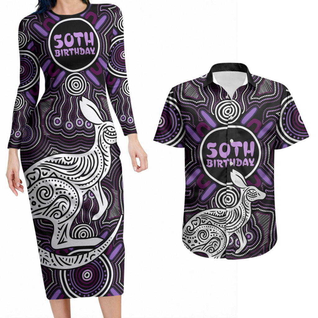 Personalised Aboriginal 50th Birthday Couples Matching Long Sleeve Bodycon Dress and Hawaiian Shirt Kangaroo Indigenous Dot Art Australian Culture