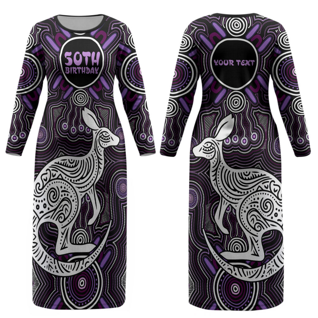 Personalised Aboriginal 50th Birthday Couples Matching Long Sleeve Bodycon Dress and Hawaiian Shirt Kangaroo Indigenous Dot Art Australian Culture