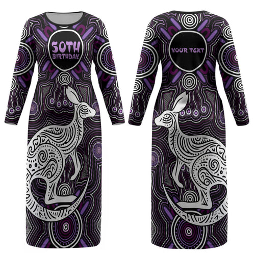 Personalised Aboriginal 50th Birthday Couples Matching Long Sleeve Bodycon Dress and Hawaiian Shirt Kangaroo Indigenous Dot Art Australian Culture