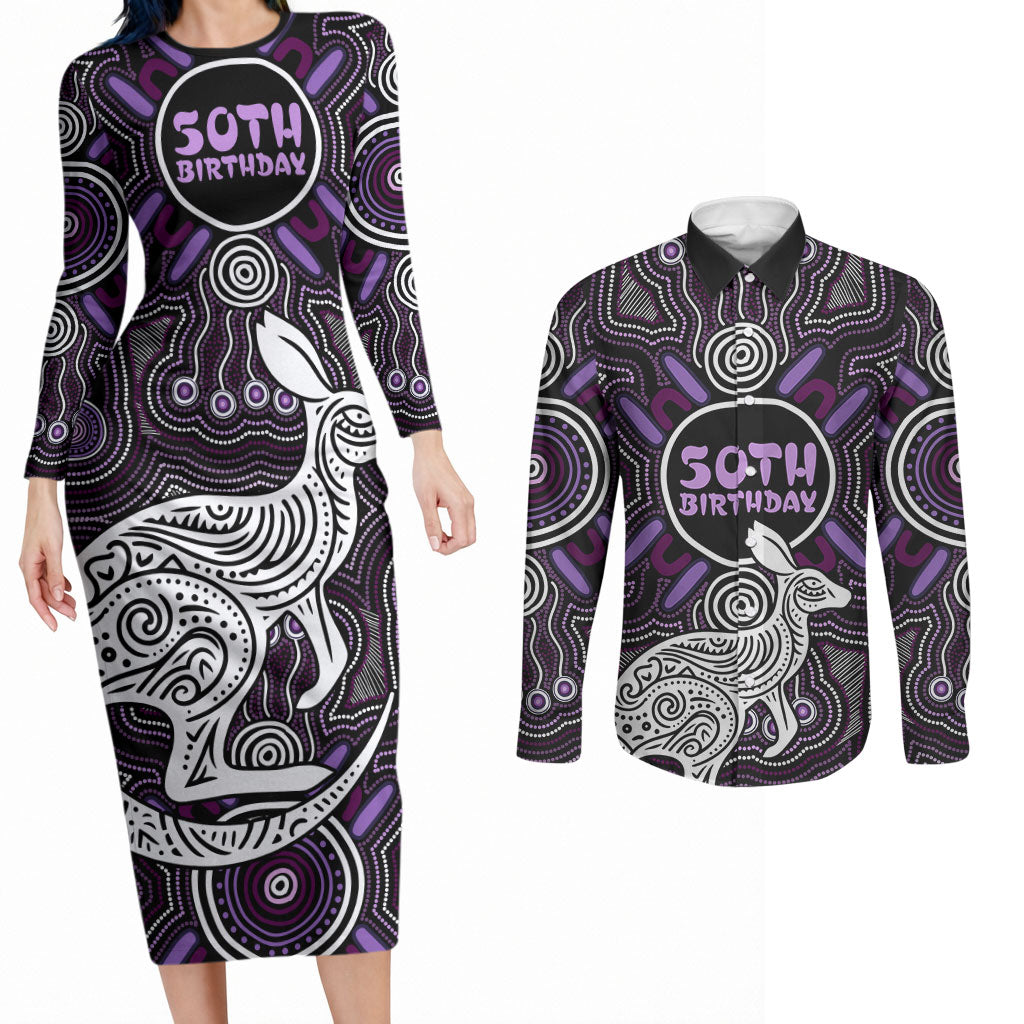 Personalised Aboriginal 50th Birthday Couples Matching Long Sleeve Bodycon Dress and Long Sleeve Button Shirt Kangaroo Indigenous Dot Art Australian Culture