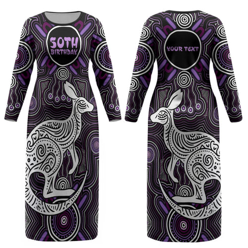Personalised Aboriginal 50th Birthday Couples Matching Long Sleeve Bodycon Dress and Long Sleeve Button Shirt Kangaroo Indigenous Dot Art Australian Culture