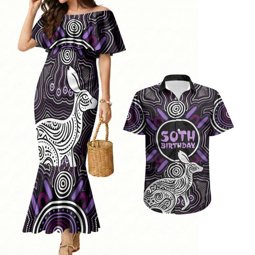 Personalised Aboriginal 50th Birthday Couples Matching Mermaid Dress and Hawaiian Shirt Kangaroo Indigenous Dot Art Australian Culture