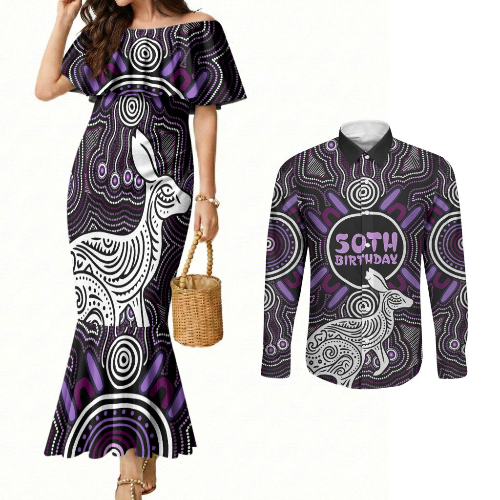 Personalised Aboriginal 50th Birthday Couples Matching Mermaid Dress and Long Sleeve Button Shirt Kangaroo Indigenous Dot Art Australian Culture