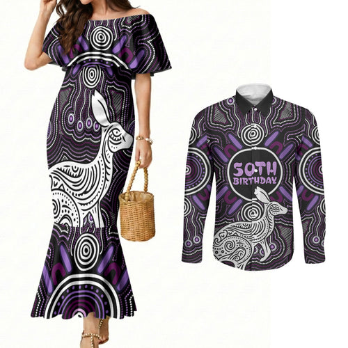 Personalised Aboriginal 50th Birthday Couples Matching Mermaid Dress and Long Sleeve Button Shirt Kangaroo Indigenous Dot Art Australian Culture