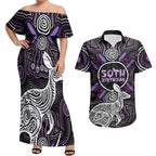 Personalised Aboriginal 50th Birthday Couples Matching Off Shoulder Maxi Dress and Hawaiian Shirt Kangaroo Indigenous Dot Art Australian Culture