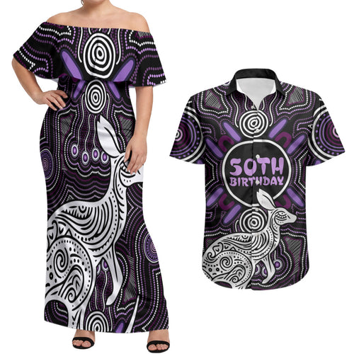 Personalised Aboriginal 50th Birthday Couples Matching Off Shoulder Maxi Dress and Hawaiian Shirt Kangaroo Indigenous Dot Art Australian Culture
