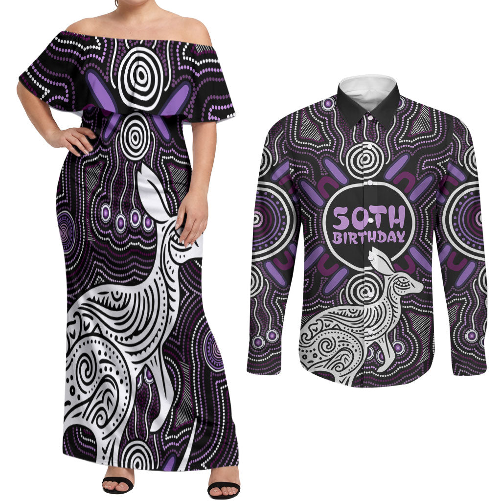 Personalised Aboriginal 50th Birthday Couples Matching Off Shoulder Maxi Dress and Long Sleeve Button Shirt Kangaroo Indigenous Dot Art Australian Culture