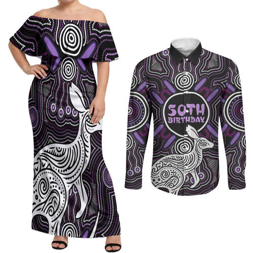 Personalised Aboriginal 50th Birthday Couples Matching Off Shoulder Maxi Dress and Long Sleeve Button Shirt Kangaroo Indigenous Dot Art Australian Culture