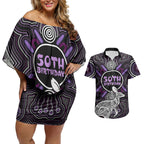 Personalised Aboriginal 50th Birthday Couples Matching Off Shoulder Short Dress and Hawaiian Shirt Kangaroo Indigenous Dot Art Australian Culture