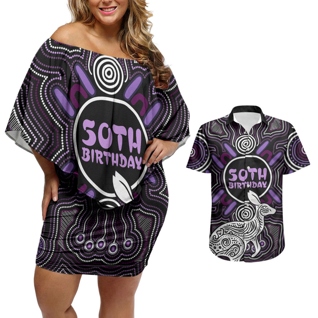 Personalised Aboriginal 50th Birthday Couples Matching Off Shoulder Short Dress and Hawaiian Shirt Kangaroo Indigenous Dot Art Australian Culture