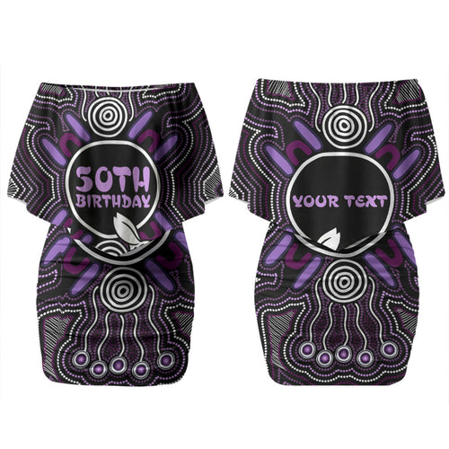 Personalised Aboriginal 50th Birthday Couples Matching Off Shoulder Short Dress and Hawaiian Shirt Kangaroo Indigenous Dot Art Australian Culture