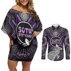 Personalised Aboriginal 50th Birthday Couples Matching Off Shoulder Short Dress and Long Sleeve Button Shirt Kangaroo Indigenous Dot Art Australian Culture