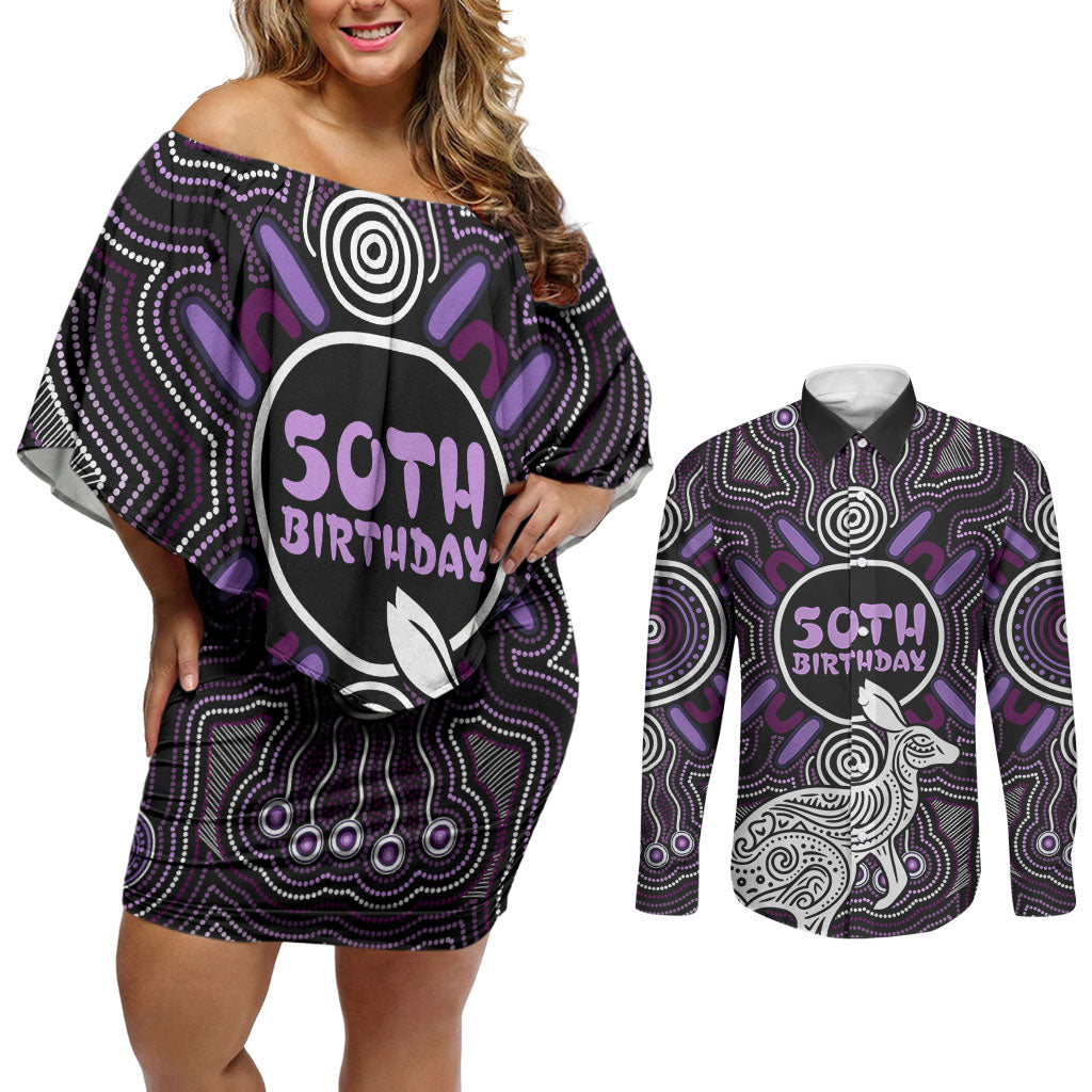 Personalised Aboriginal 50th Birthday Couples Matching Off Shoulder Short Dress and Long Sleeve Button Shirt Kangaroo Indigenous Dot Art Australian Culture