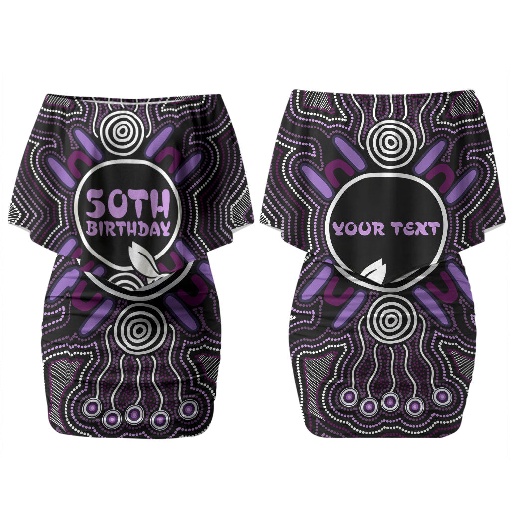 Personalised Aboriginal 50th Birthday Couples Matching Off Shoulder Short Dress and Long Sleeve Button Shirt Kangaroo Indigenous Dot Art Australian Culture