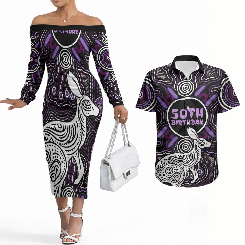 Personalised Aboriginal 50th Birthday Couples Matching Off The Shoulder Long Sleeve Dress and Hawaiian Shirt Kangaroo Indigenous Dot Art Australian Culture