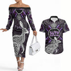 Personalised Aboriginal 50th Birthday Couples Matching Off The Shoulder Long Sleeve Dress and Hawaiian Shirt Kangaroo Indigenous Dot Art Australian Culture