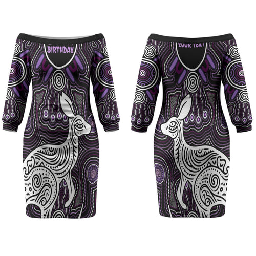 Personalised Aboriginal 50th Birthday Couples Matching Off The Shoulder Long Sleeve Dress and Hawaiian Shirt Kangaroo Indigenous Dot Art Australian Culture