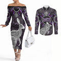 Personalised Aboriginal 50th Birthday Couples Matching Off The Shoulder Long Sleeve Dress and Long Sleeve Button Shirt Kangaroo Indigenous Dot Art Australian Culture
