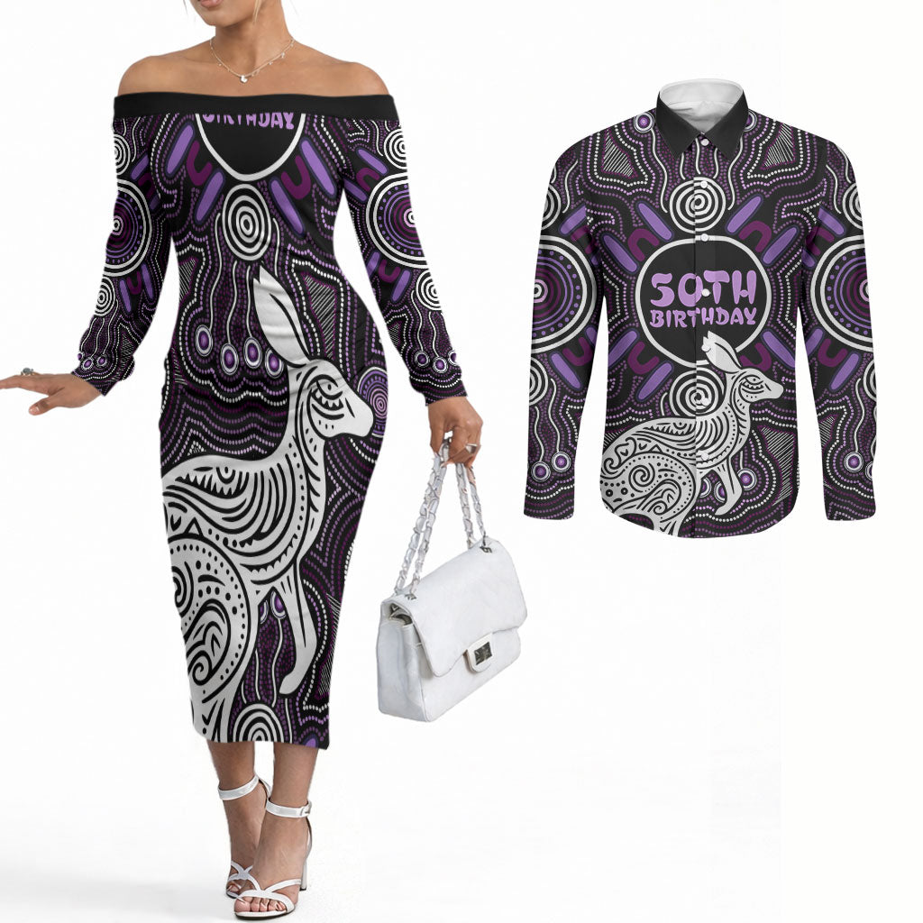 Personalised Aboriginal 50th Birthday Couples Matching Off The Shoulder Long Sleeve Dress and Long Sleeve Button Shirt Kangaroo Indigenous Dot Art Australian Culture