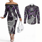 Personalised Aboriginal 50th Birthday Couples Matching Off The Shoulder Long Sleeve Dress and Long Sleeve Button Shirt Kangaroo Indigenous Dot Art Australian Culture