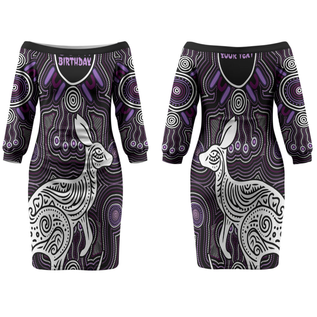 Personalised Aboriginal 50th Birthday Couples Matching Off The Shoulder Long Sleeve Dress and Long Sleeve Button Shirt Kangaroo Indigenous Dot Art Australian Culture