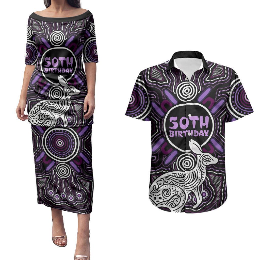 Personalised Aboriginal 50th Birthday Couples Matching Puletasi and Hawaiian Shirt Kangaroo Indigenous Dot Art Australian Culture