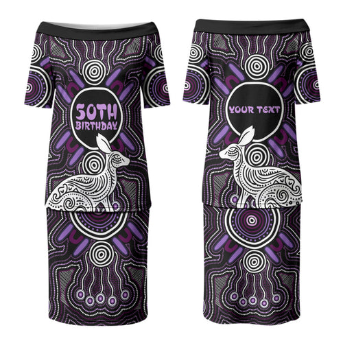 Personalised Aboriginal 50th Birthday Couples Matching Puletasi and Hawaiian Shirt Kangaroo Indigenous Dot Art Australian Culture