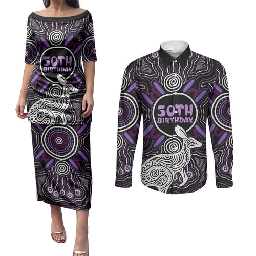 Personalised Aboriginal 50th Birthday Couples Matching Puletasi and Long Sleeve Button Shirt Kangaroo Indigenous Dot Art Australian Culture