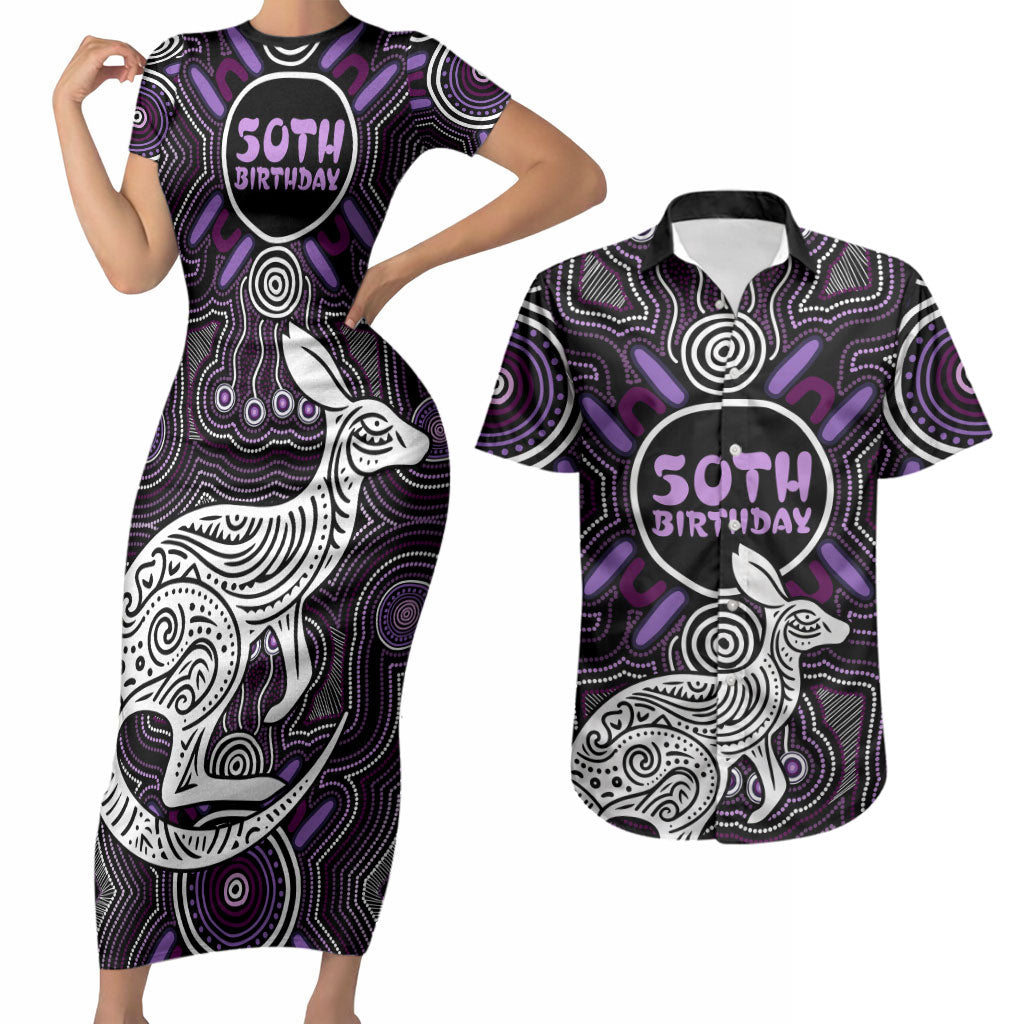 Personalised Aboriginal 50th Birthday Couples Matching Short Sleeve Bodycon Dress and Hawaiian Shirt Kangaroo Indigenous Dot Art Australian Culture