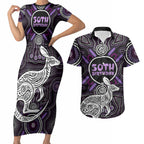 Personalised Aboriginal 50th Birthday Couples Matching Short Sleeve Bodycon Dress and Hawaiian Shirt Kangaroo Indigenous Dot Art Australian Culture