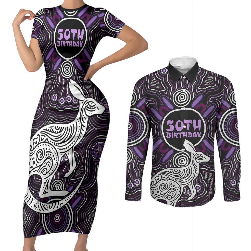 Personalised Aboriginal 50th Birthday Couples Matching Short Sleeve Bodycon Dress and Long Sleeve Button Shirt Kangaroo Indigenous Dot Art Australian Culture