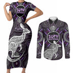 Personalised Aboriginal 50th Birthday Couples Matching Short Sleeve Bodycon Dress and Long Sleeve Button Shirt Kangaroo Indigenous Dot Art Australian Culture