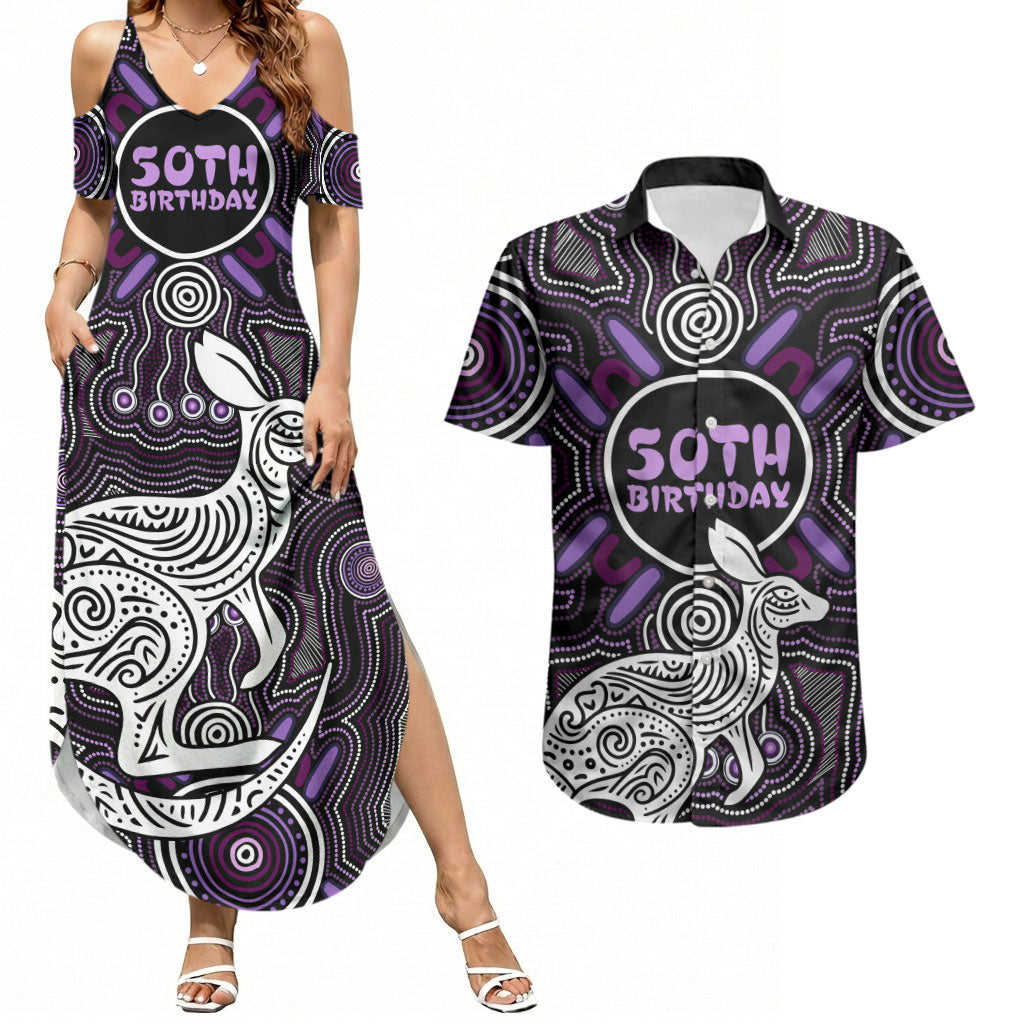 Personalised Aboriginal 50th Birthday Couples Matching Summer Maxi Dress and Hawaiian Shirt Kangaroo Indigenous Dot Art Australian Culture